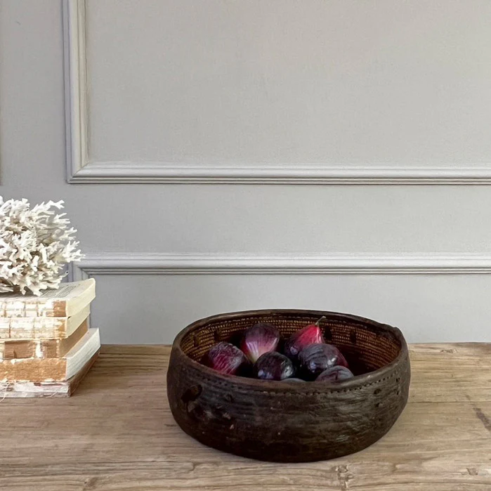 Antique African Leather Basket Bowl