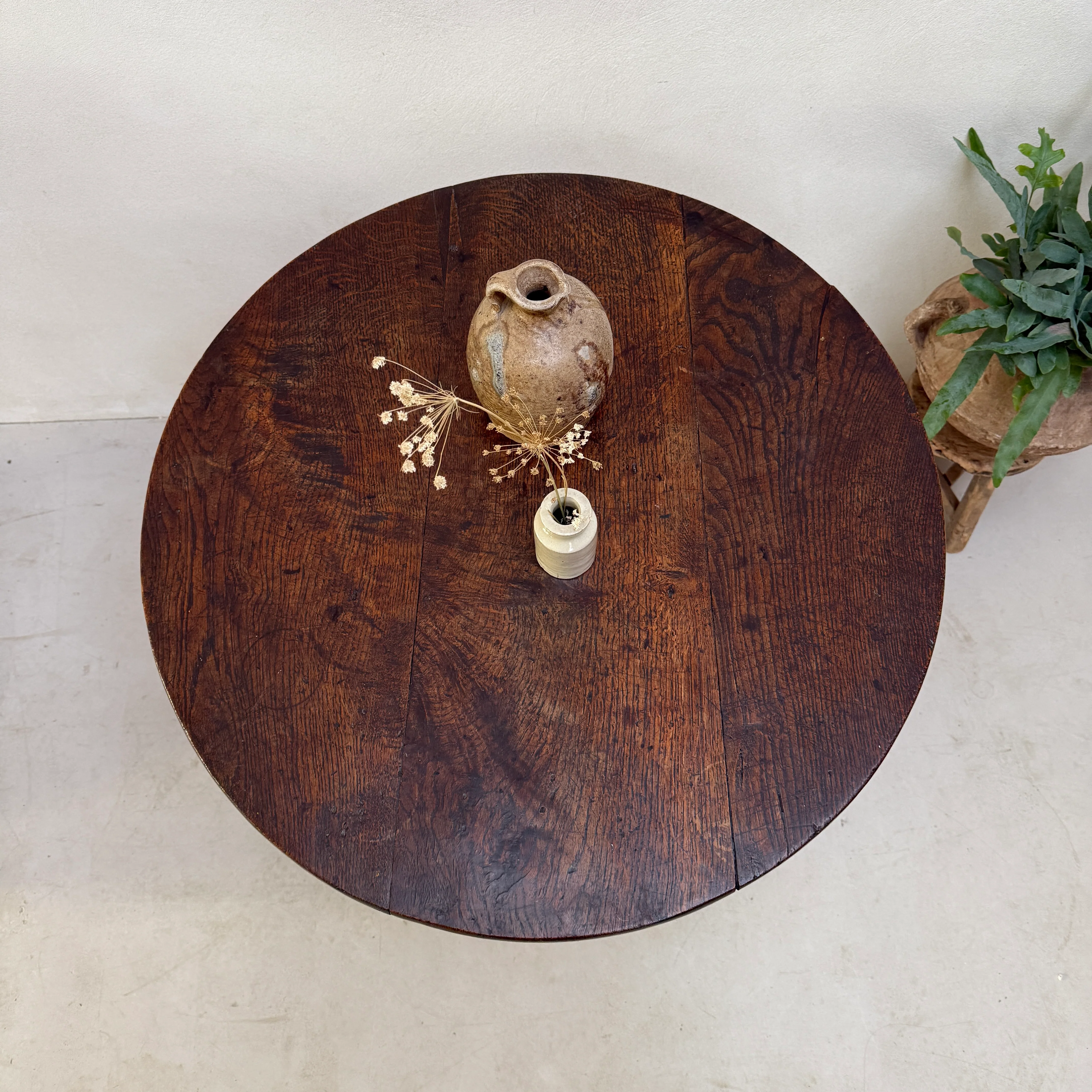 Antique English Oak Round Pedestal Side Table - Image 3