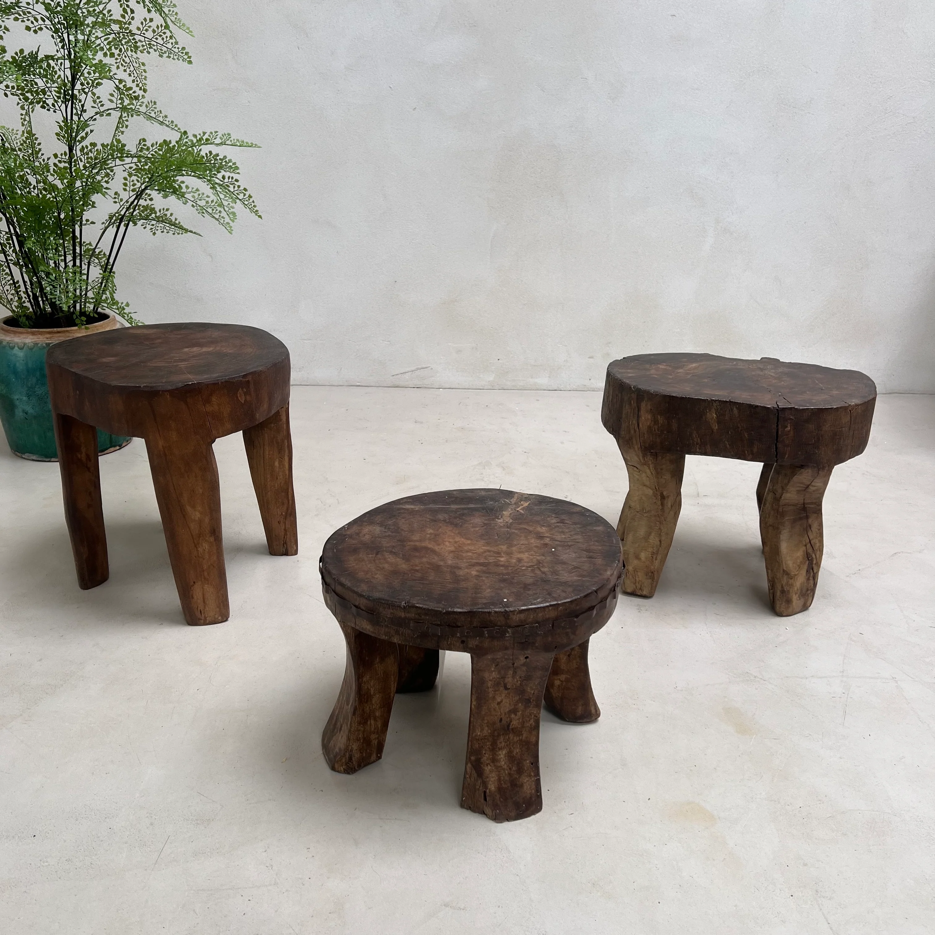 Antique Hand-carved Dark Wood Stools - Image 2