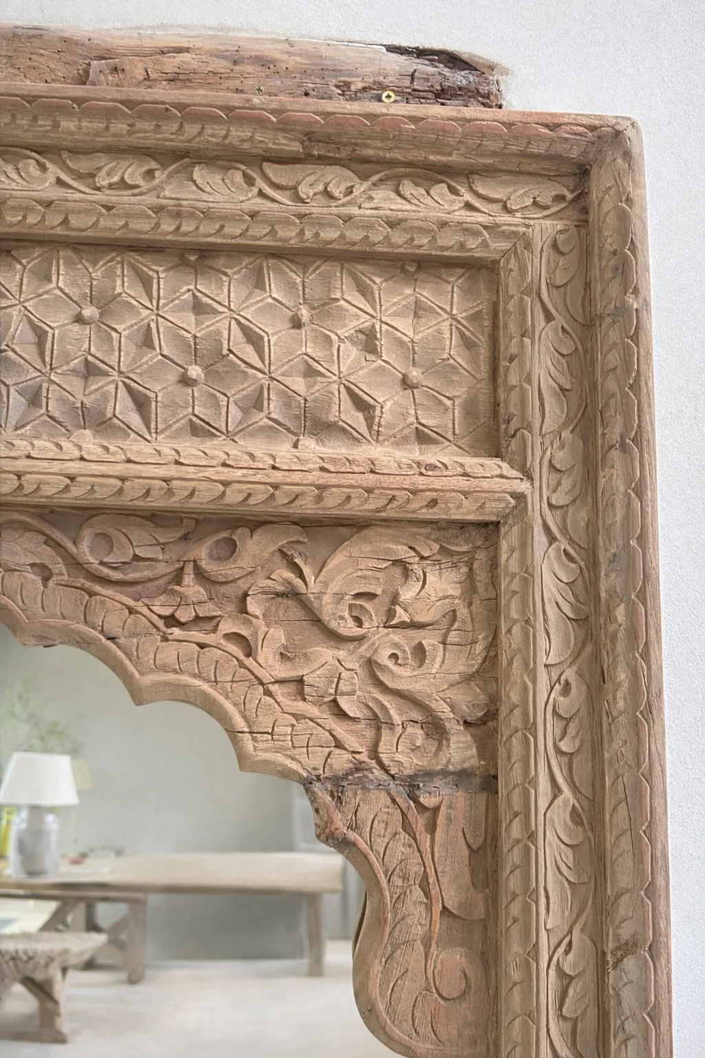 XL Antique Hand-carved arched teak mirror | Ilayah - Image 3