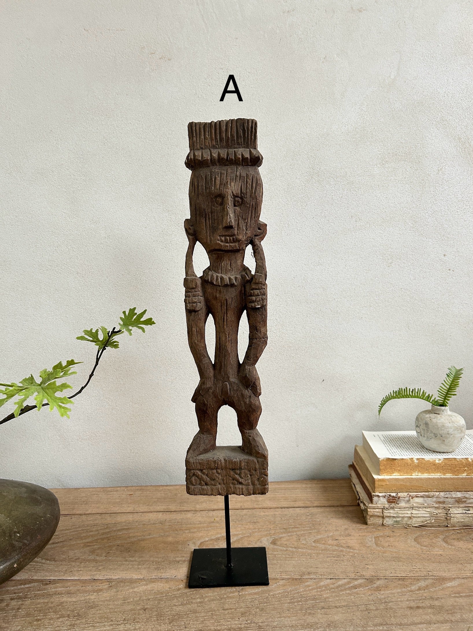 Antique hand-carved wooden statues on stand | Wira - Image 3