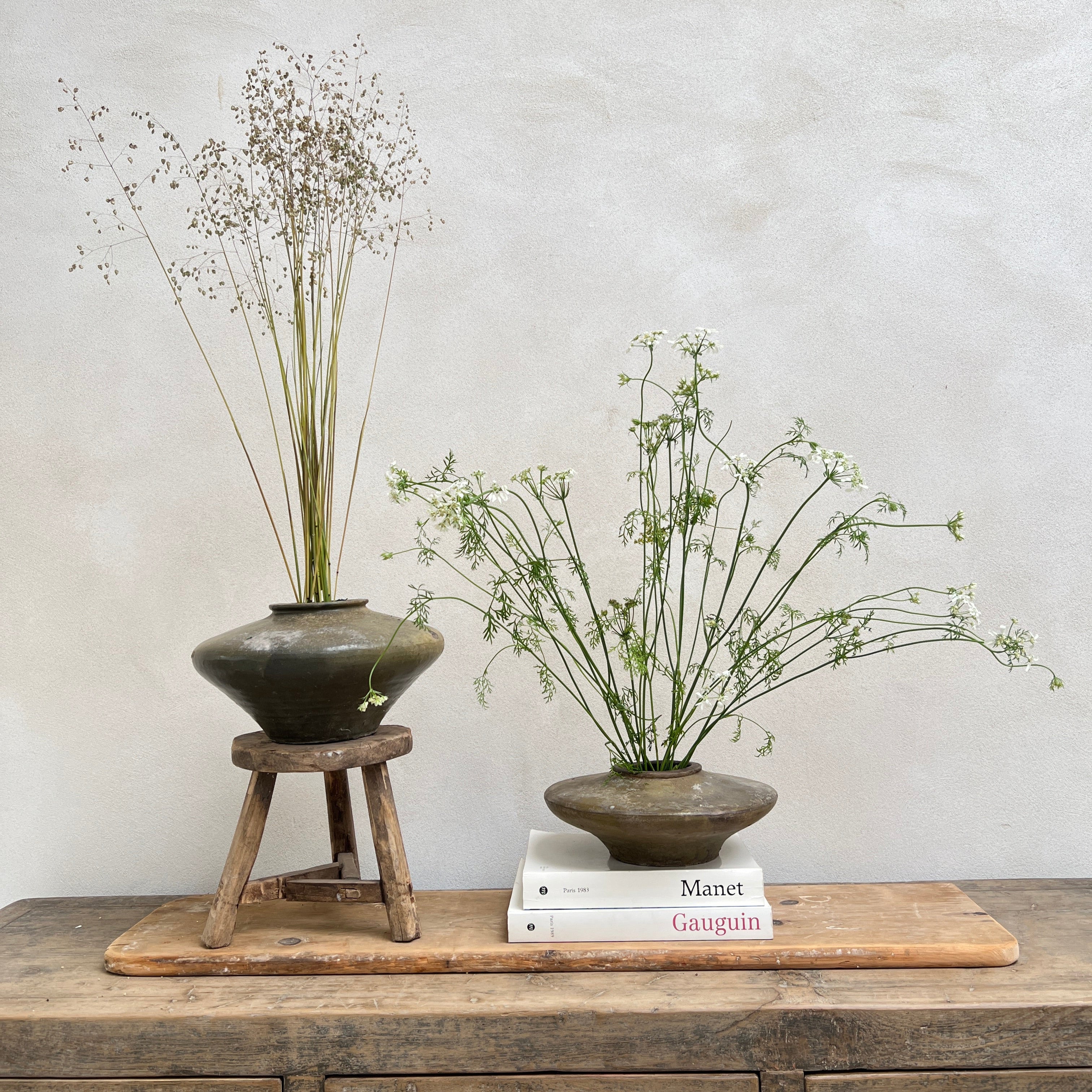 Antique Ikebana low vase | Green