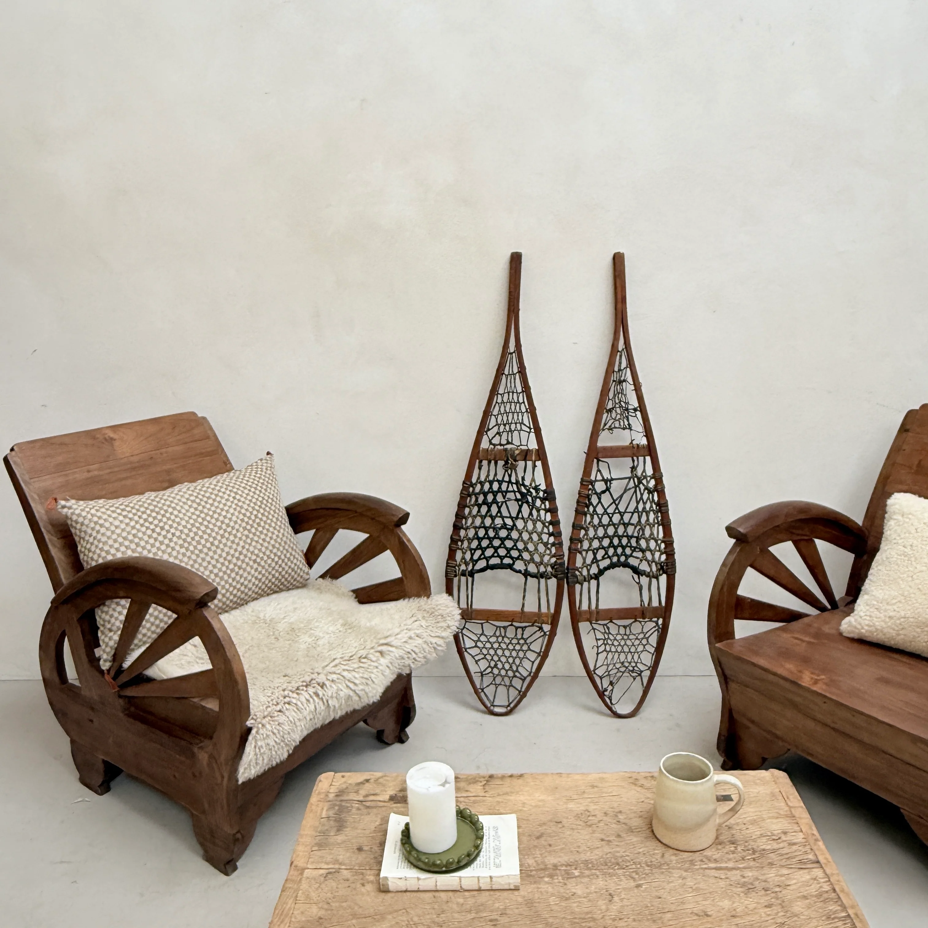 Antique Wooden and Leather Snowshoes - Image 3