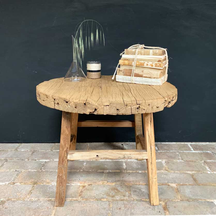 Rustic reclaimed elm round side table - Image 5