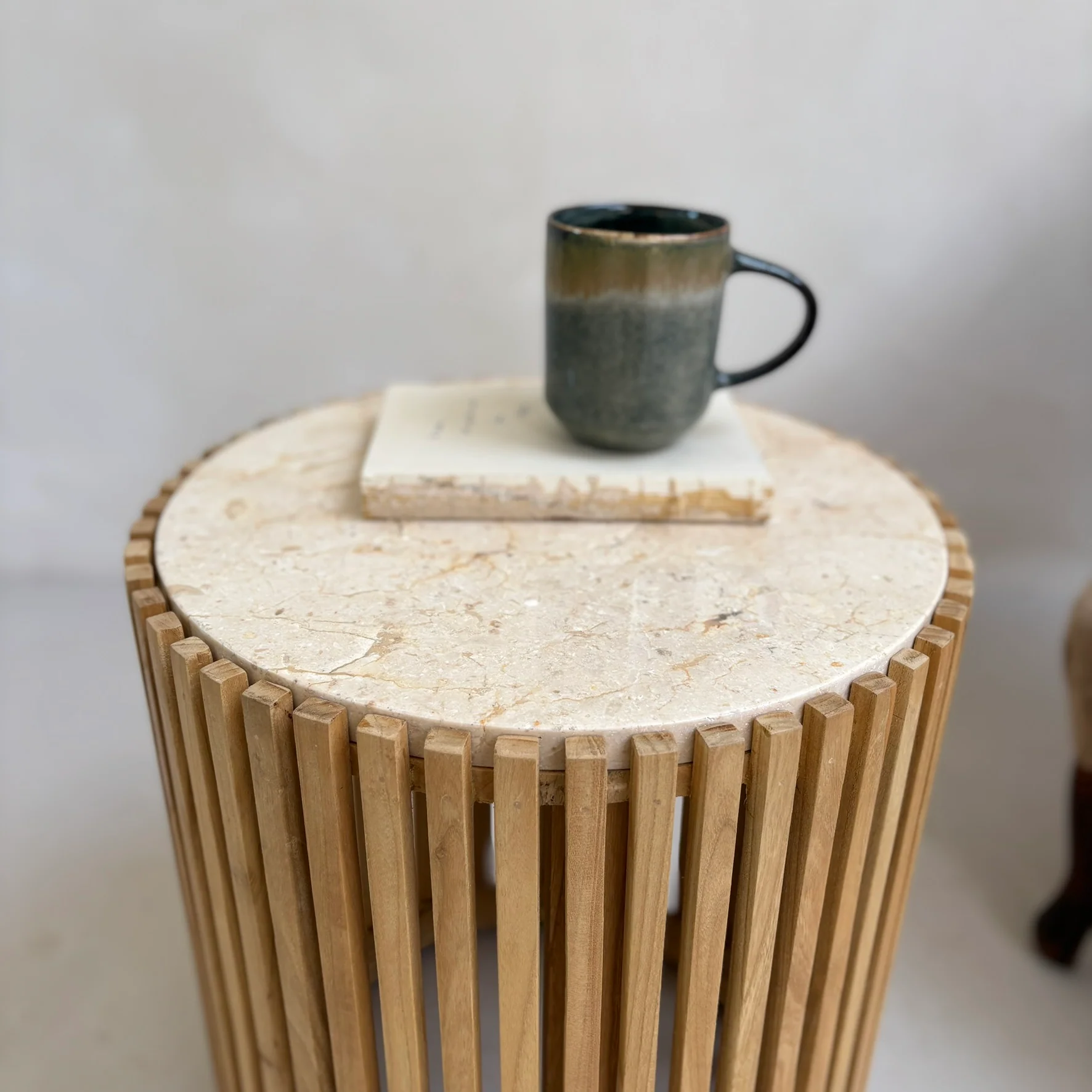 Slatted Round Marble Topped Side Table - Image 3