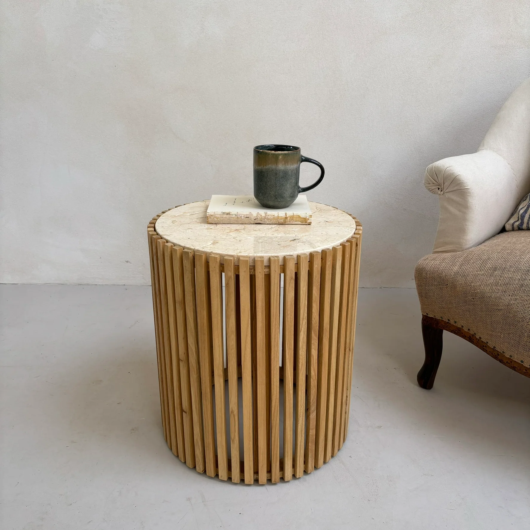 Slatted Round Marble Topped Side Table - Image 5