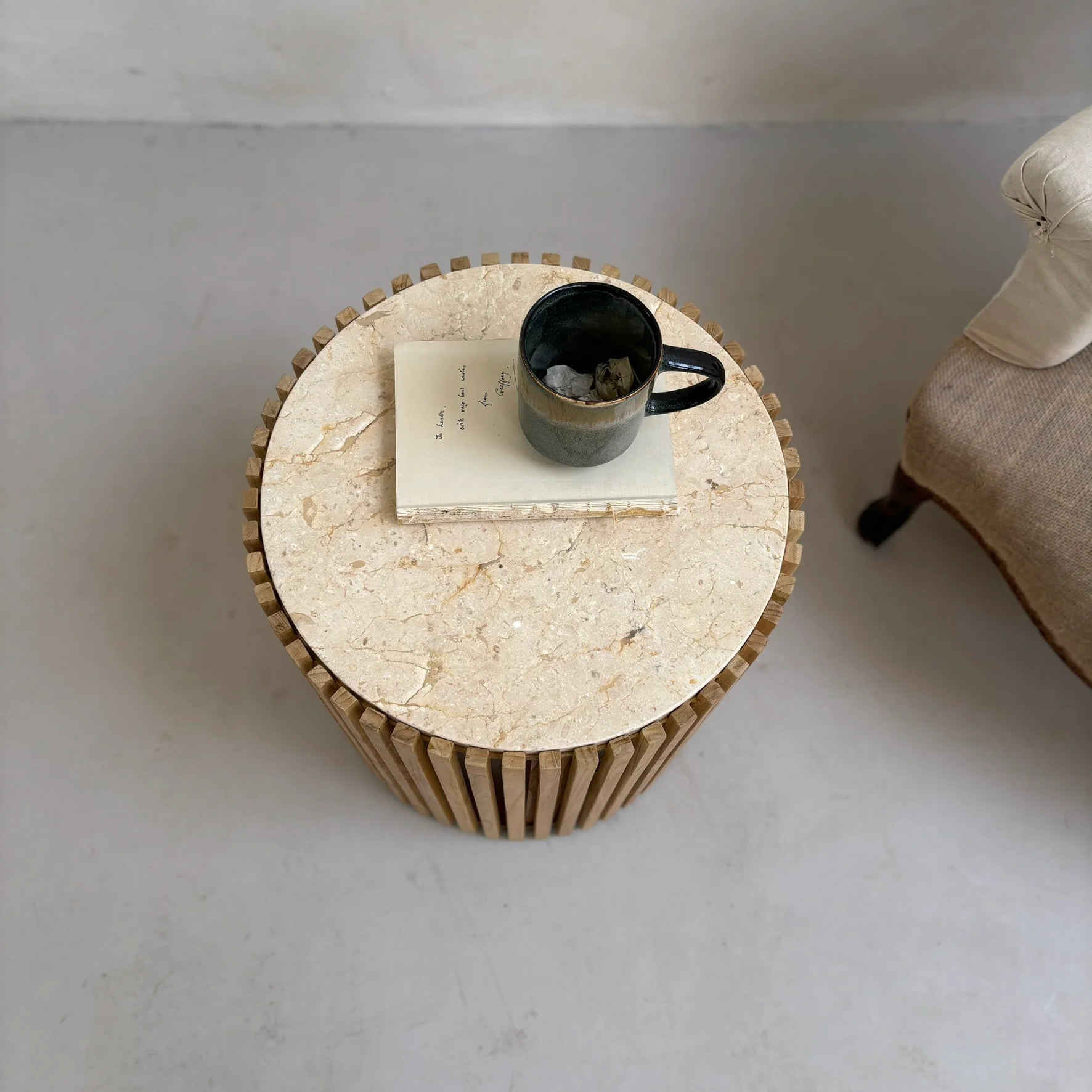 Slatted Round Marble Topped Side Table - Image 6