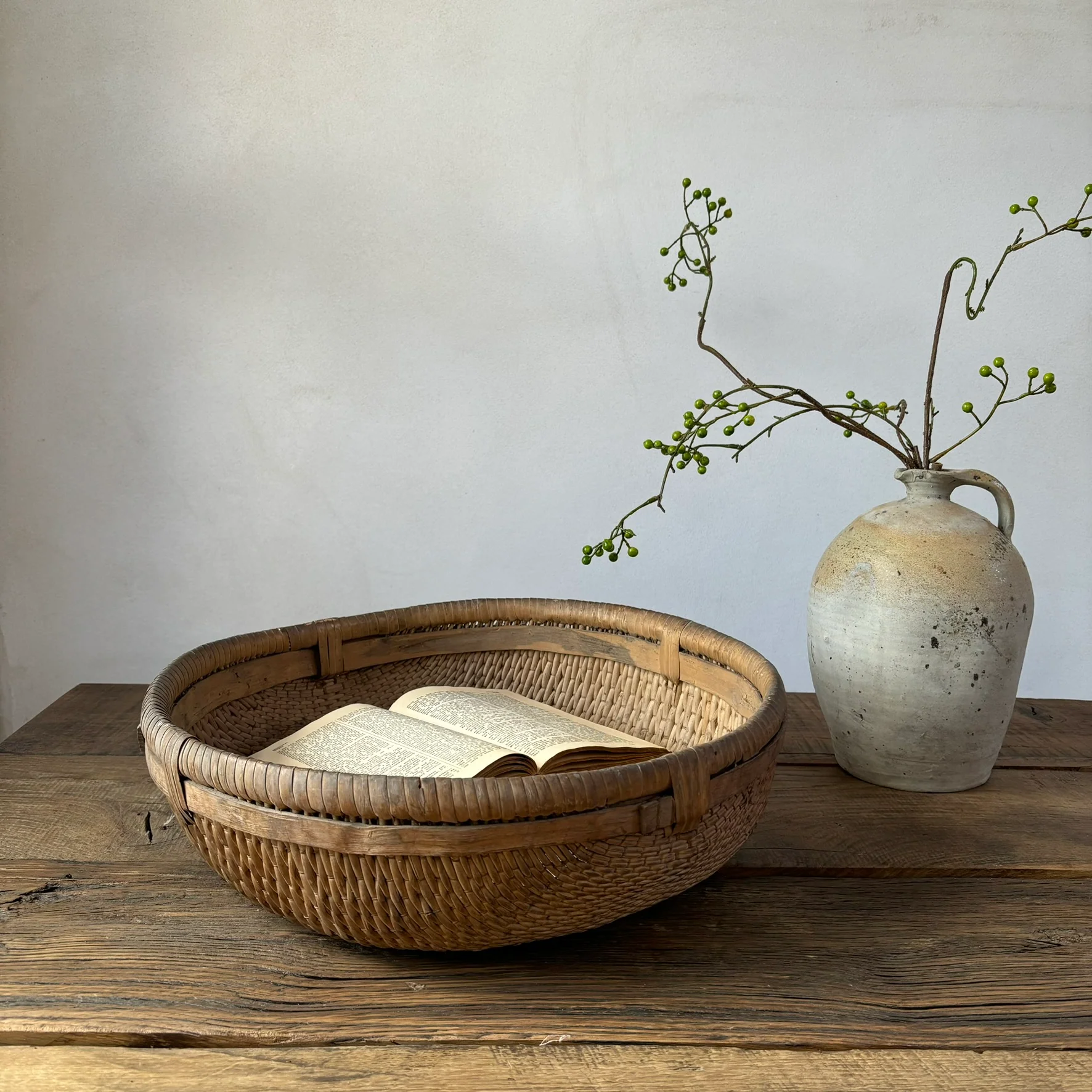 Vintage Flat Woven Rice Basket - Image 3