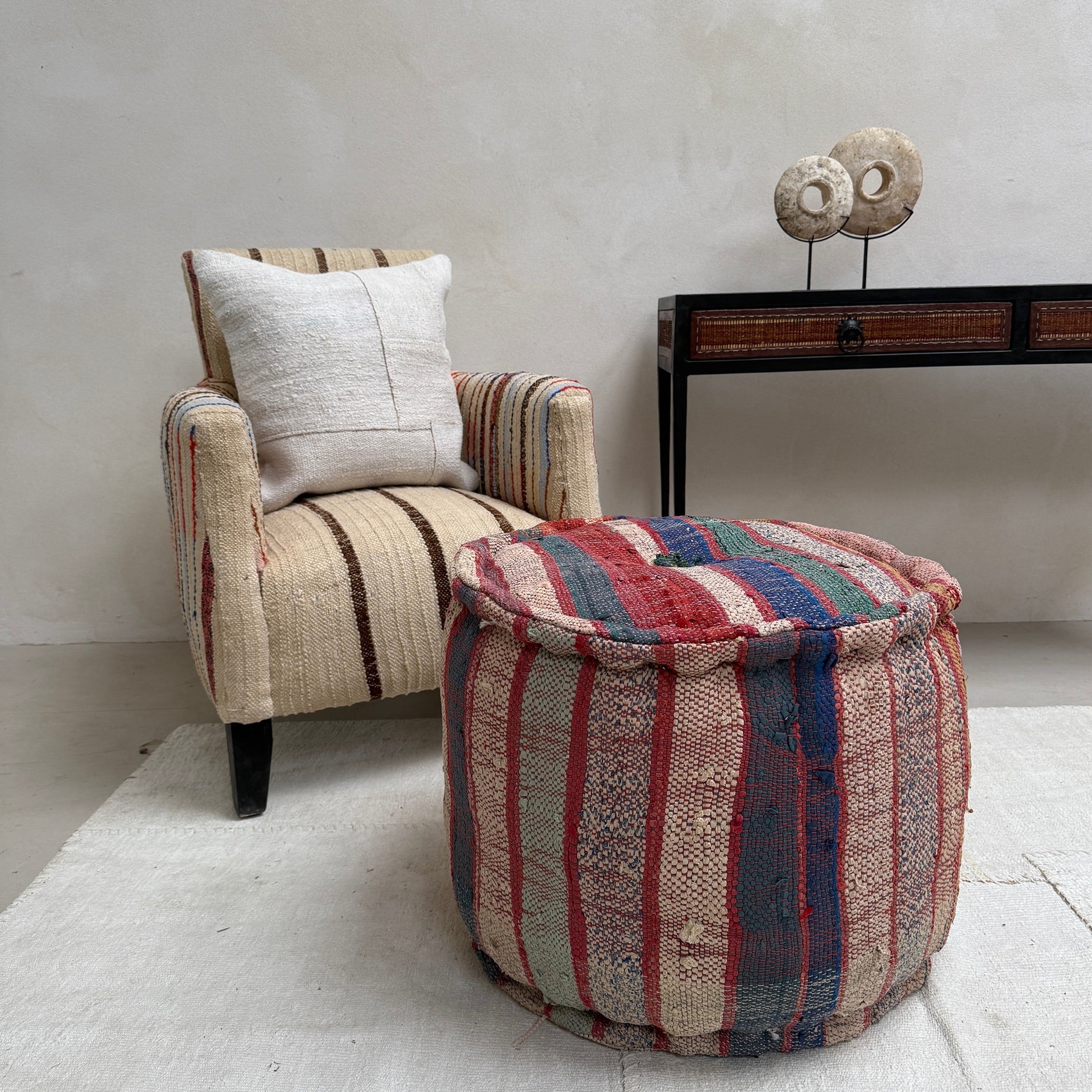 Vintage Moroccan Round Floor Pouf | Large