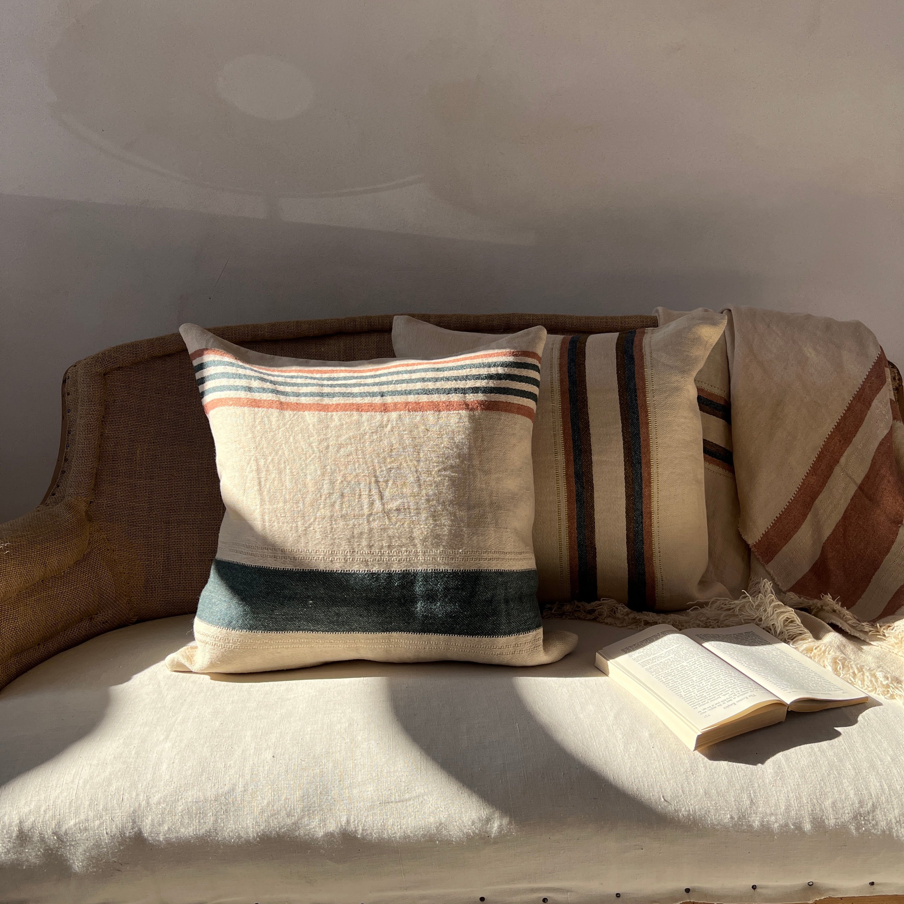 Woven Linen Cushion | Indigo & Blush stripes