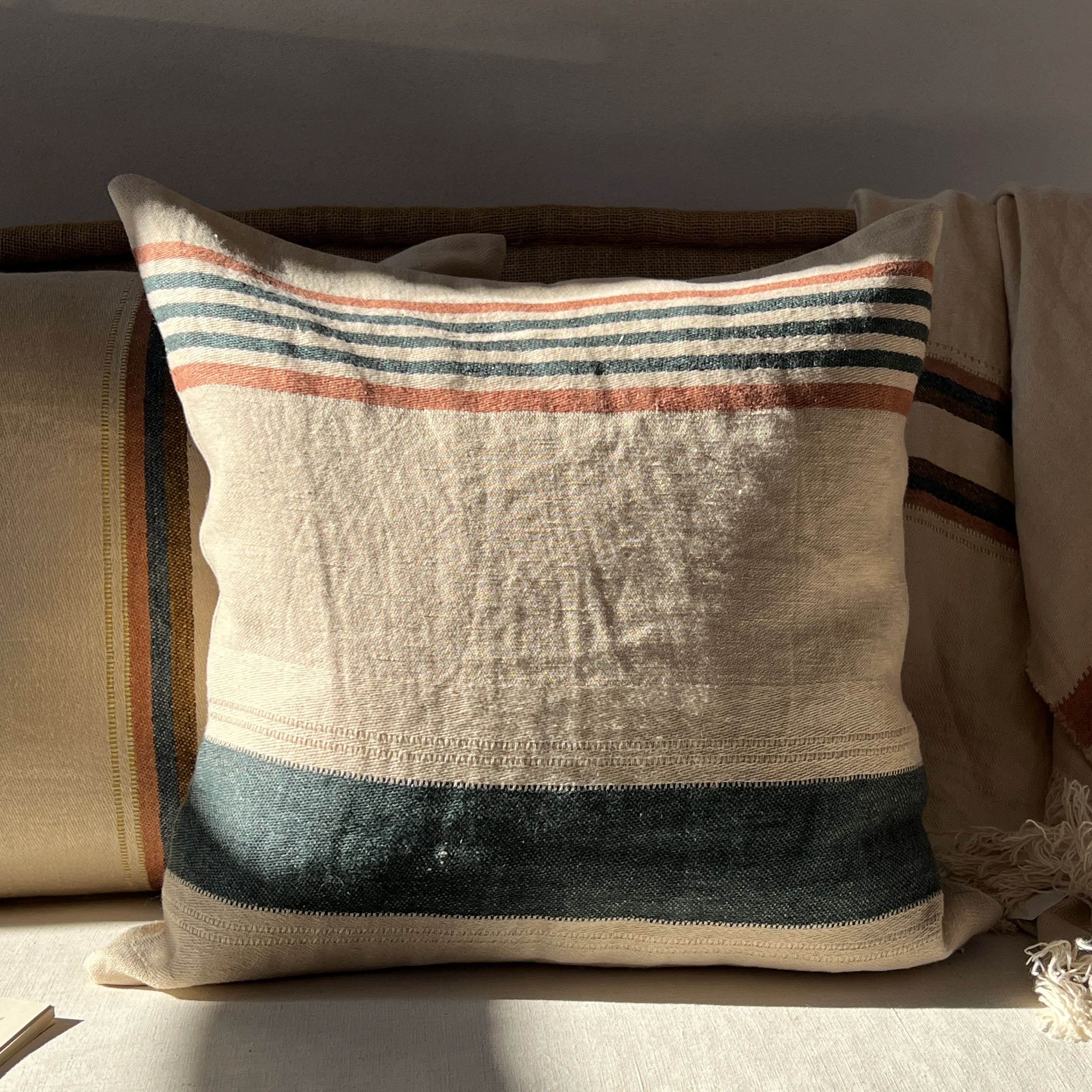 Woven Linen Cushion | Indigo & Blush stripes - Image 2
