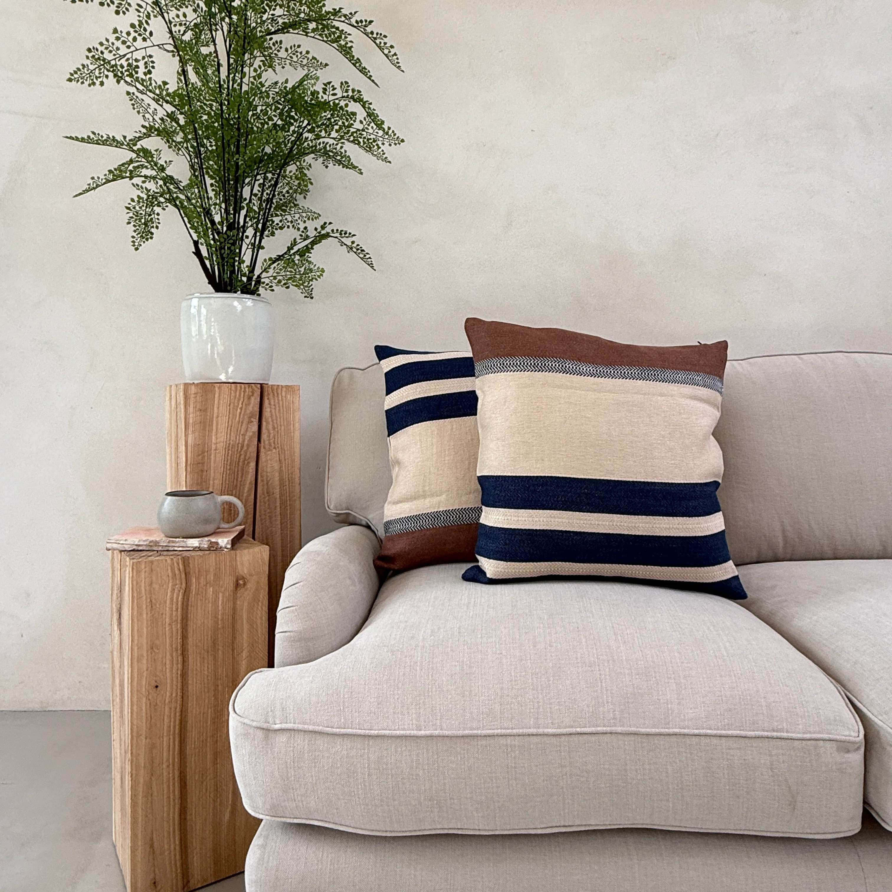 Woven Linen Cushion | Indigo Ochre Stripe