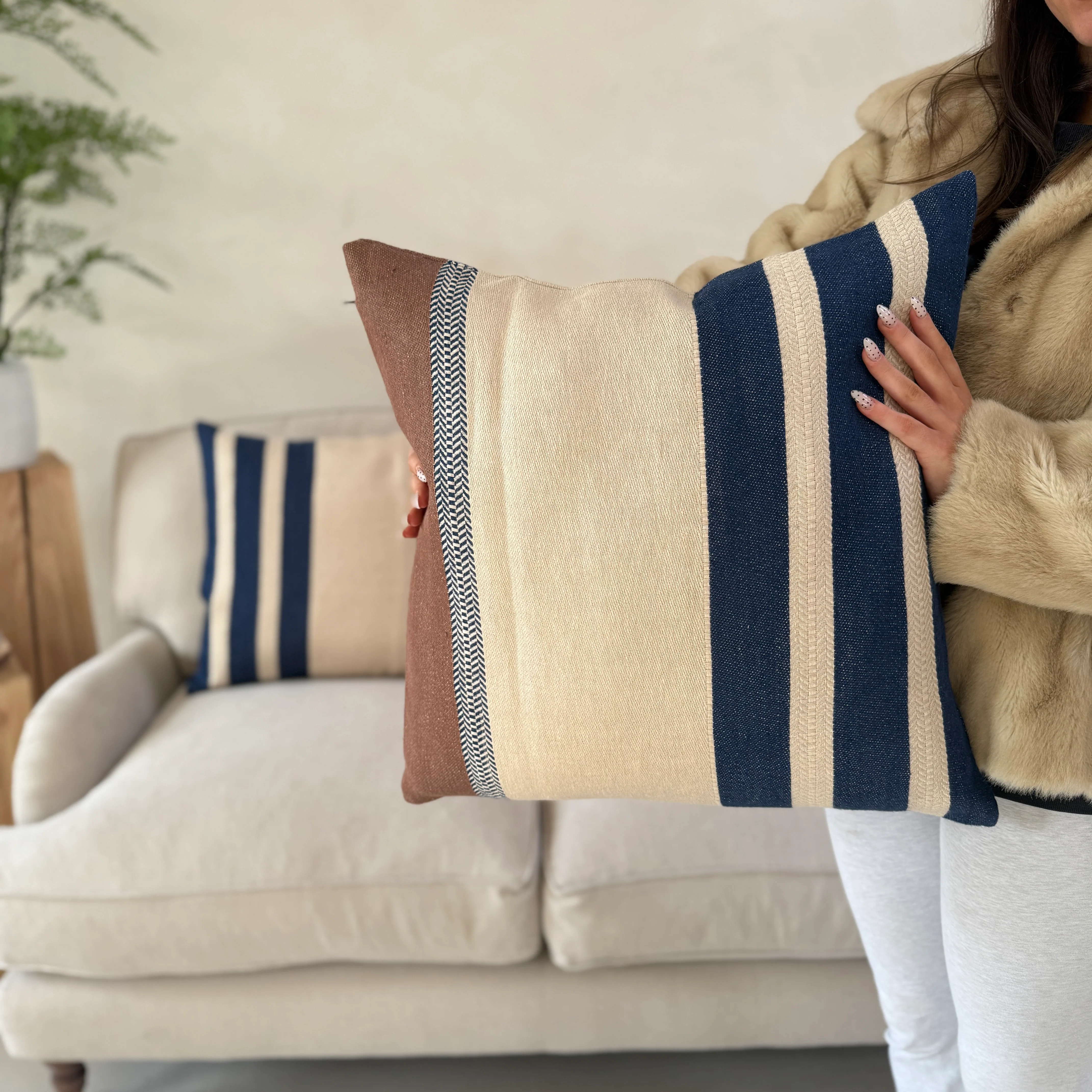 Woven Linen Cushion | Indigo Ochre Stripe - Image 7